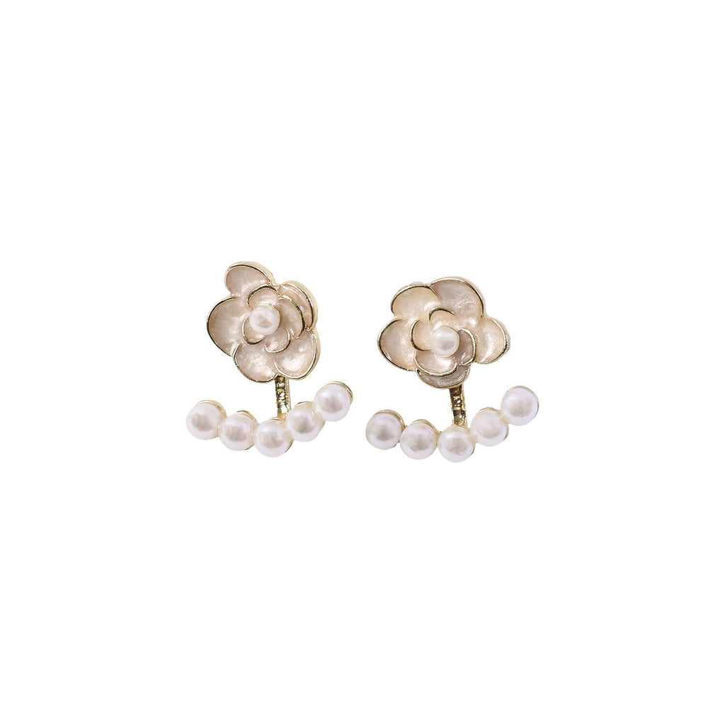 White Camellia Rose Pearl Ear Jackets – Elegant Korean Earrings