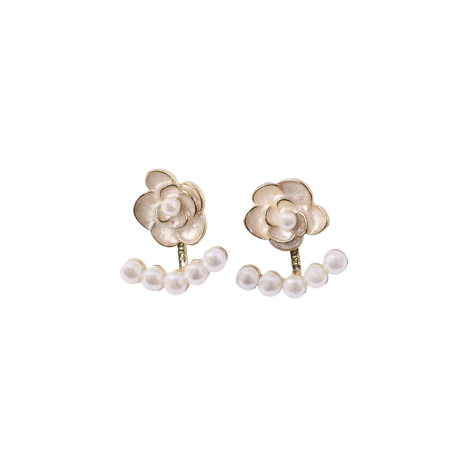 White Camellia Rose Pearl Ear Jackets – Elegant Korean Earrings