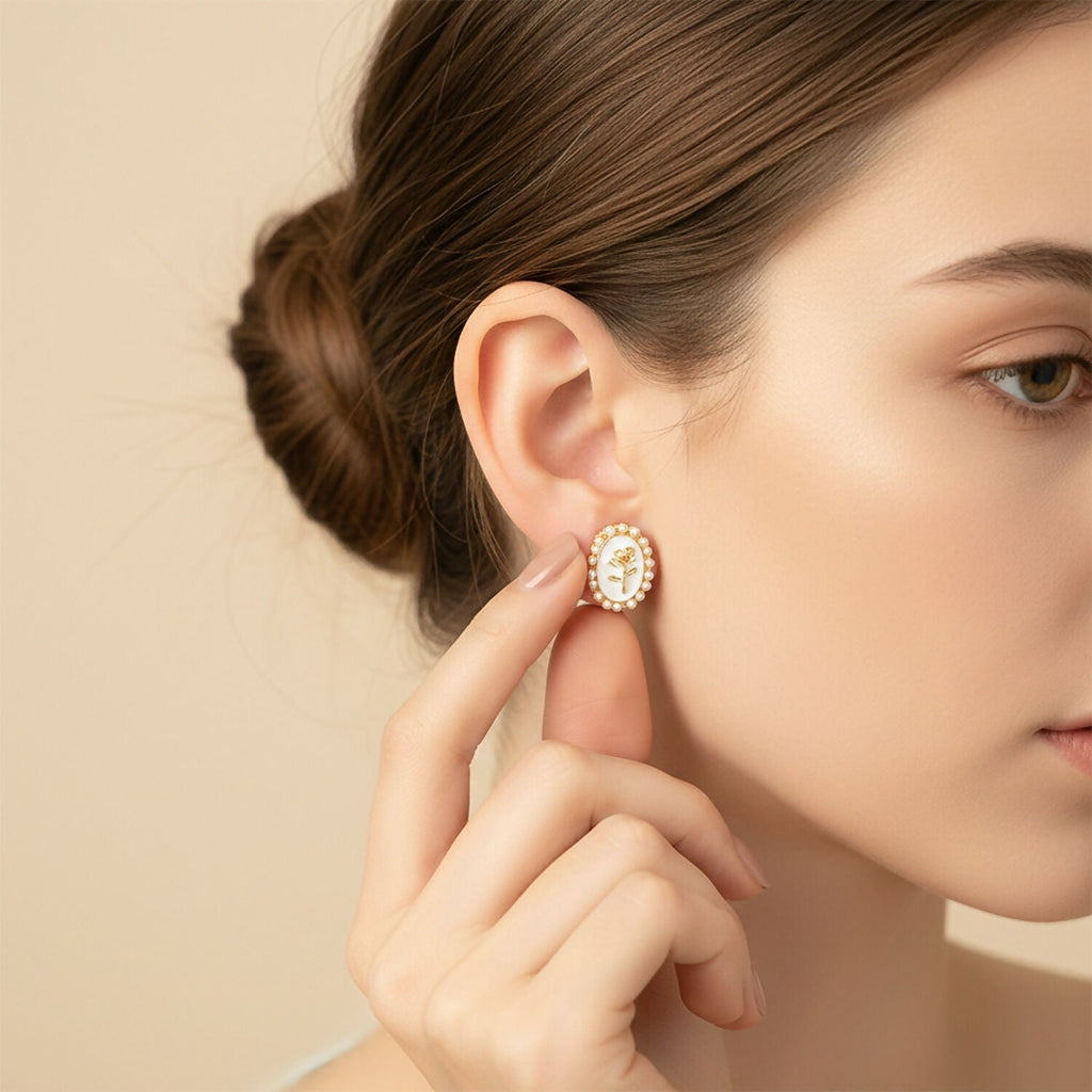 Pearl Stud Earrings – Elegant Gold Plated Rose Design for Women