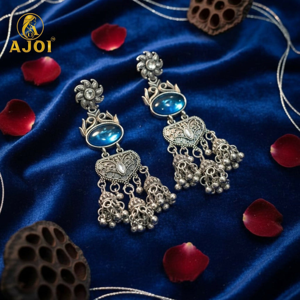 Oxidized Silver Turquoise Jhumka Earrings – Intricate Filigree Design