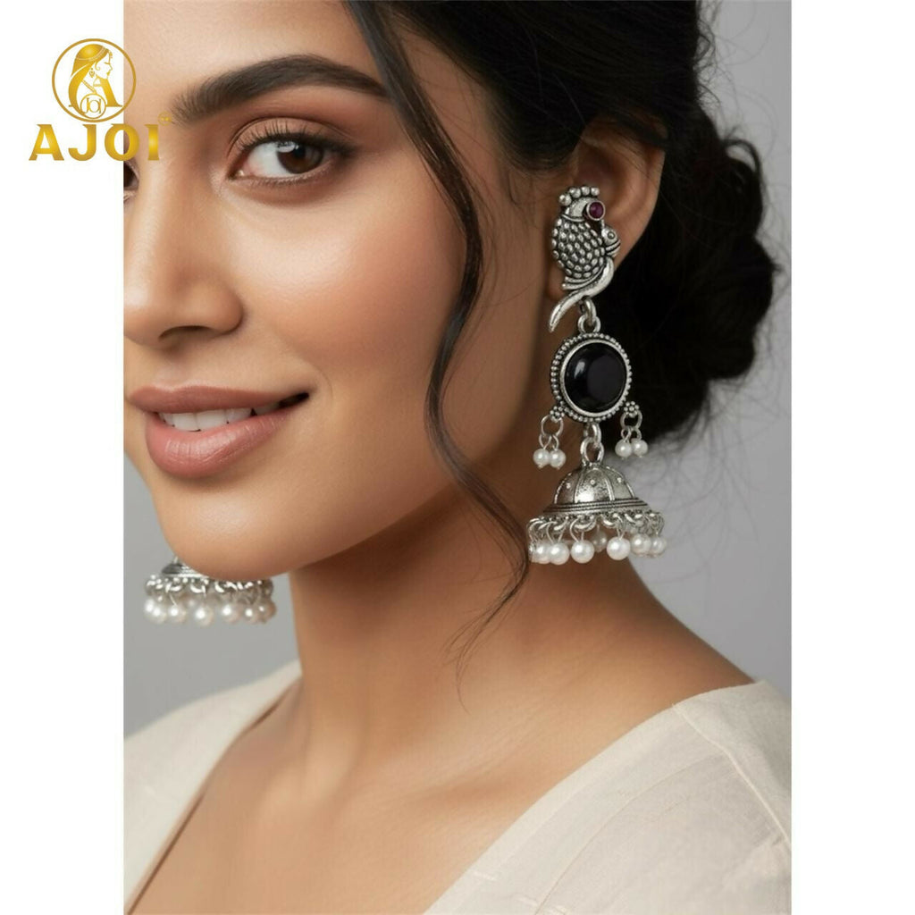 Peacock Jhumka Earrings – Oxidized Silver Finish with Black Stone