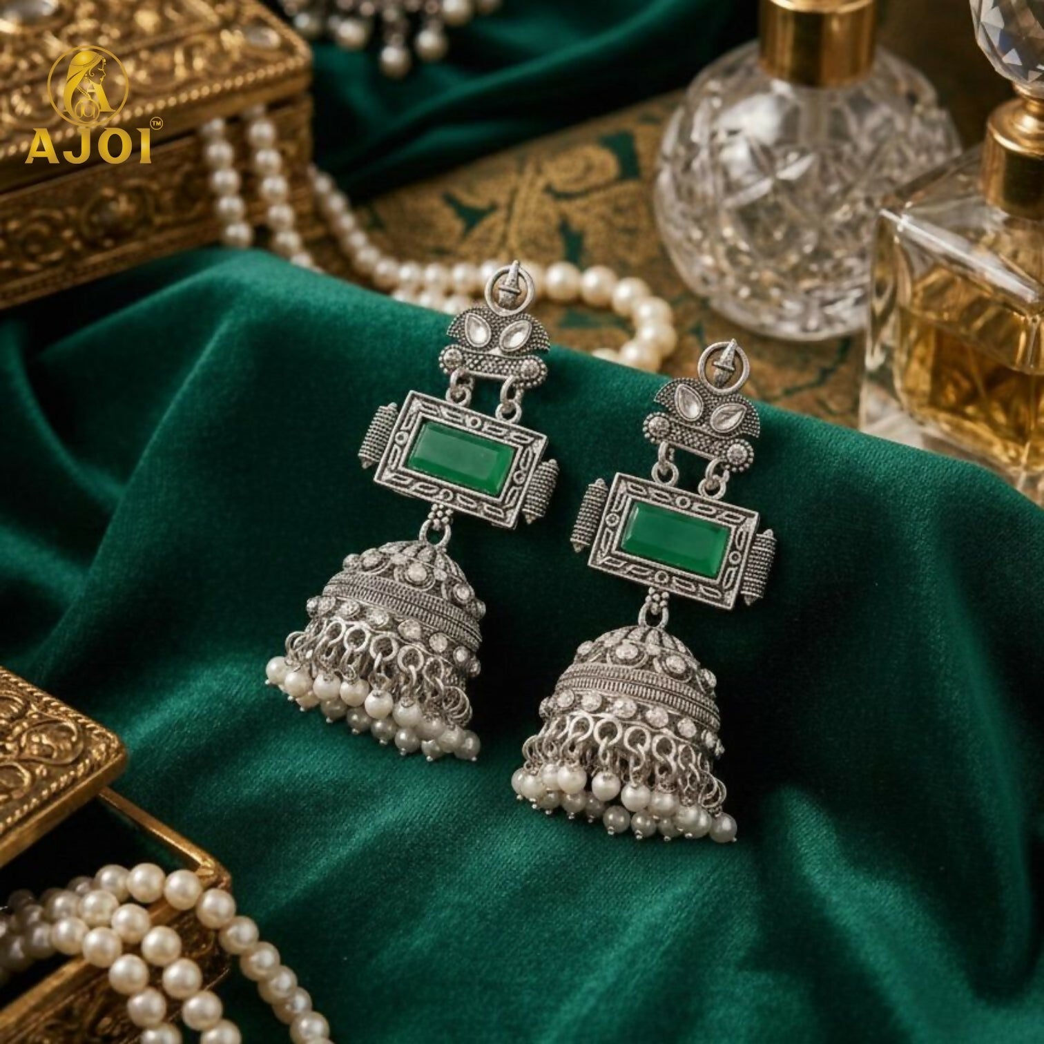 Oxidized Silver Jhumka Earrings – Deep Green Stone & Pearl Drops