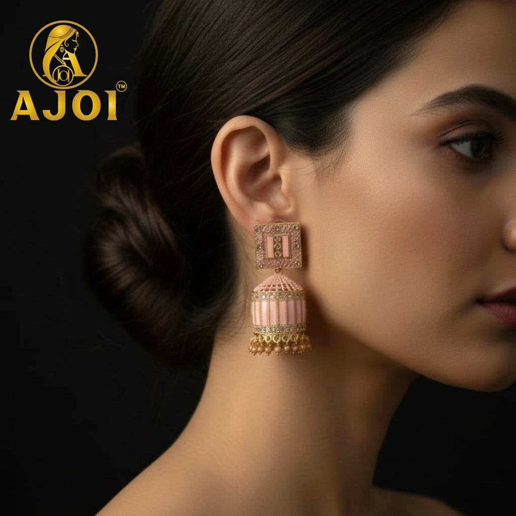 Blush Pink Designer Jhumka Earrings – Elegant Stone Detailing
