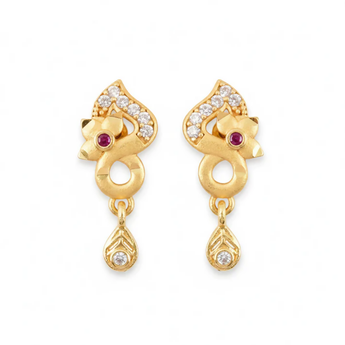 Gold Plated Earrings with Ruby & Crystal Drops – Elegant Shine