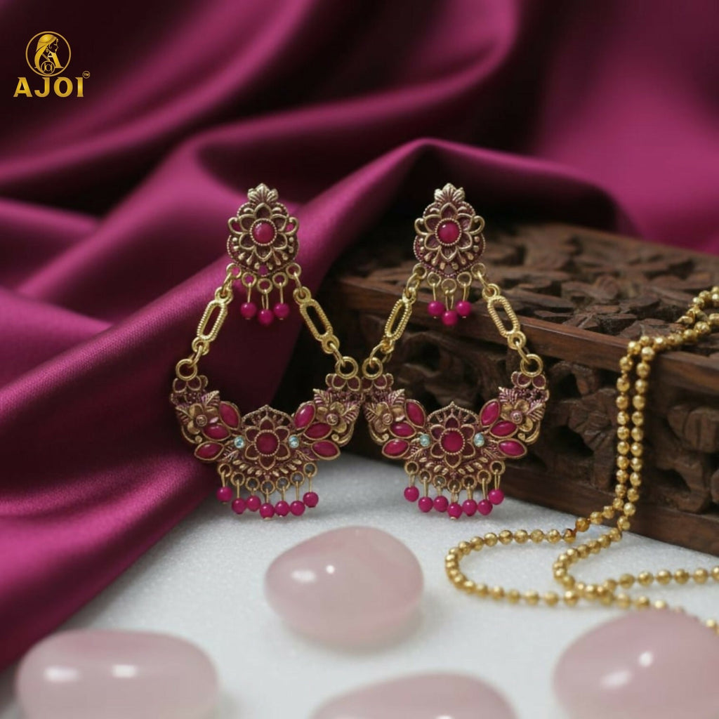 Gold-Plated Floral Chandbali Earrings with Pink Stones – Elegant Ethnic Jewelry
