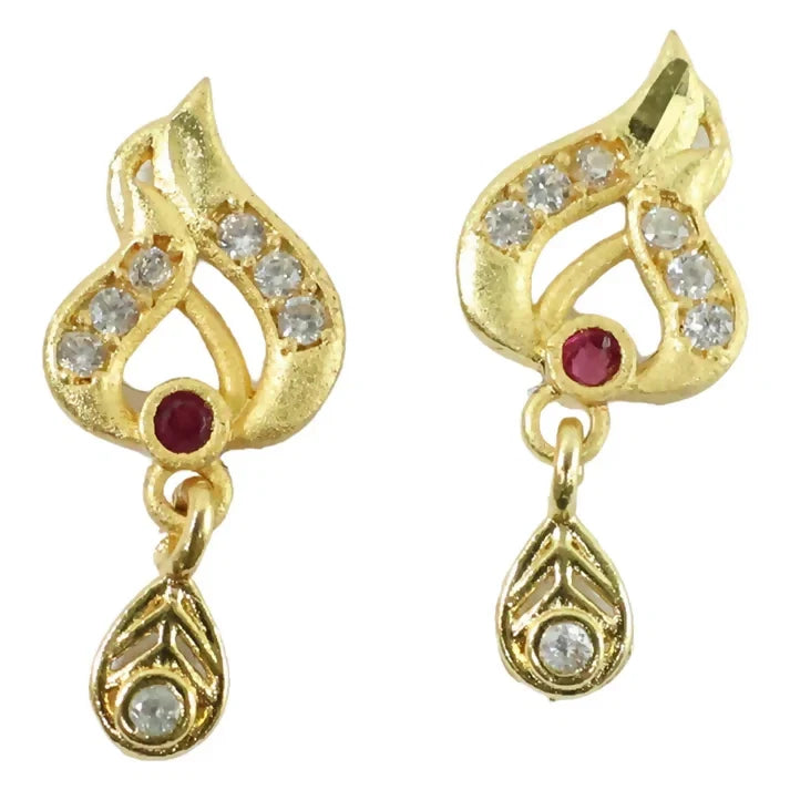 Gold Tone Leaf Earrings with Ruby Accent and Hanging Drop