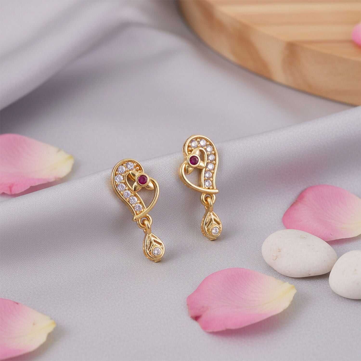 Gold Paisley Drop Earrings with Ruby Accent – Elegant Festive Jewellery
