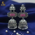 Oxidized Silver Jhumka Earrings – Royal Blush Pink Stone Design