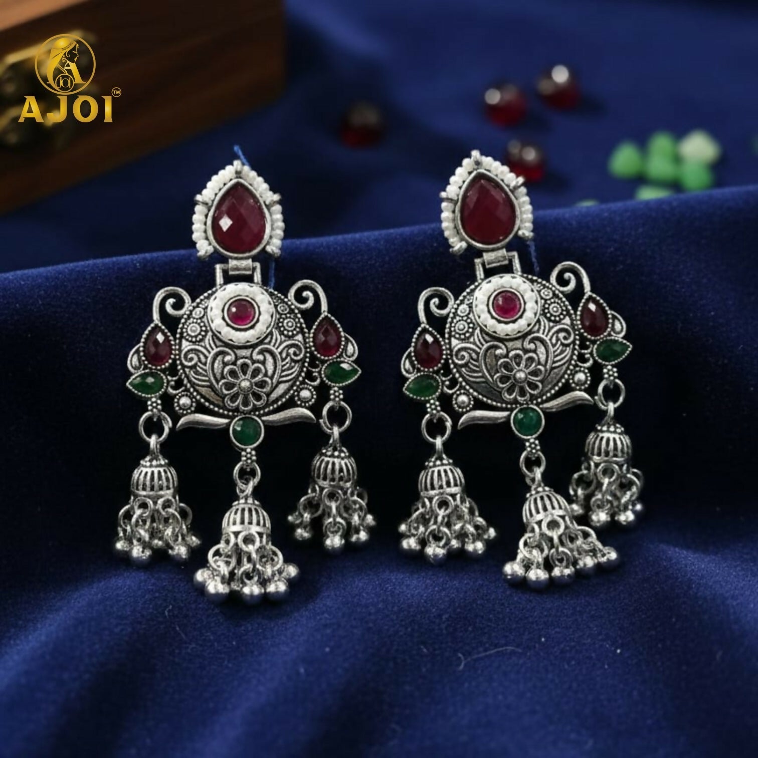 Ruby Chandbali Earrings – Ethnic Designer Jhumka with Pearls