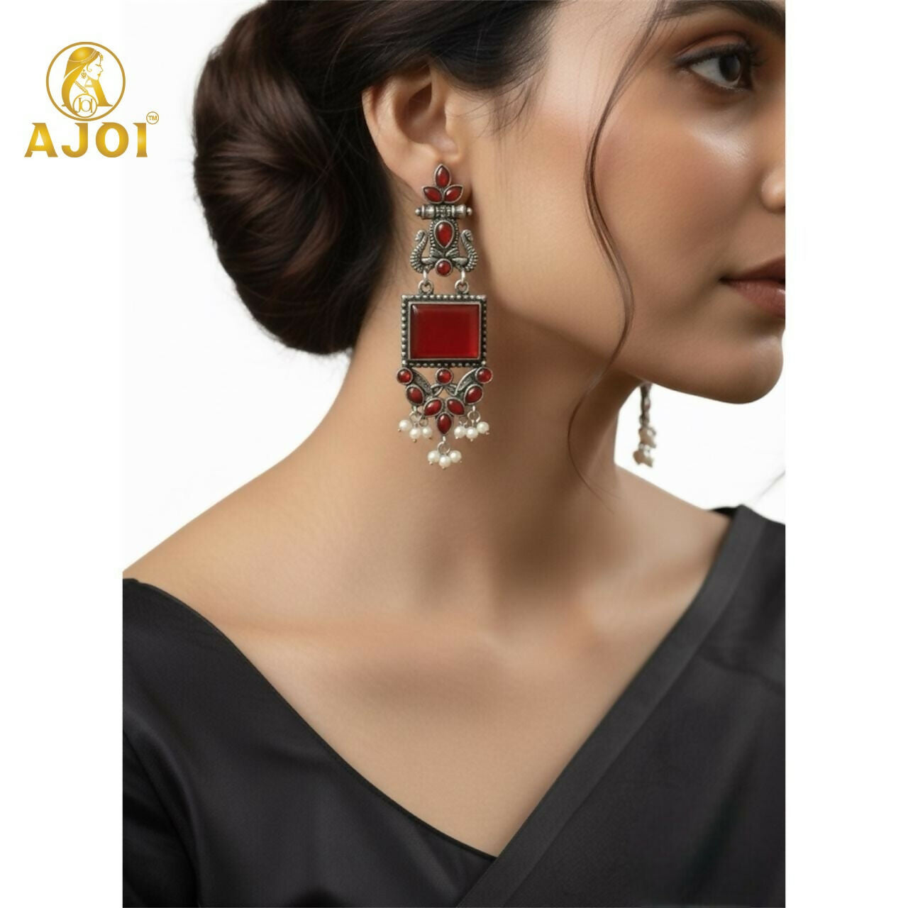 Red Stone Oxidised Silver Earrings with Pearl Danglers – Elegant Ethnic Jewelry