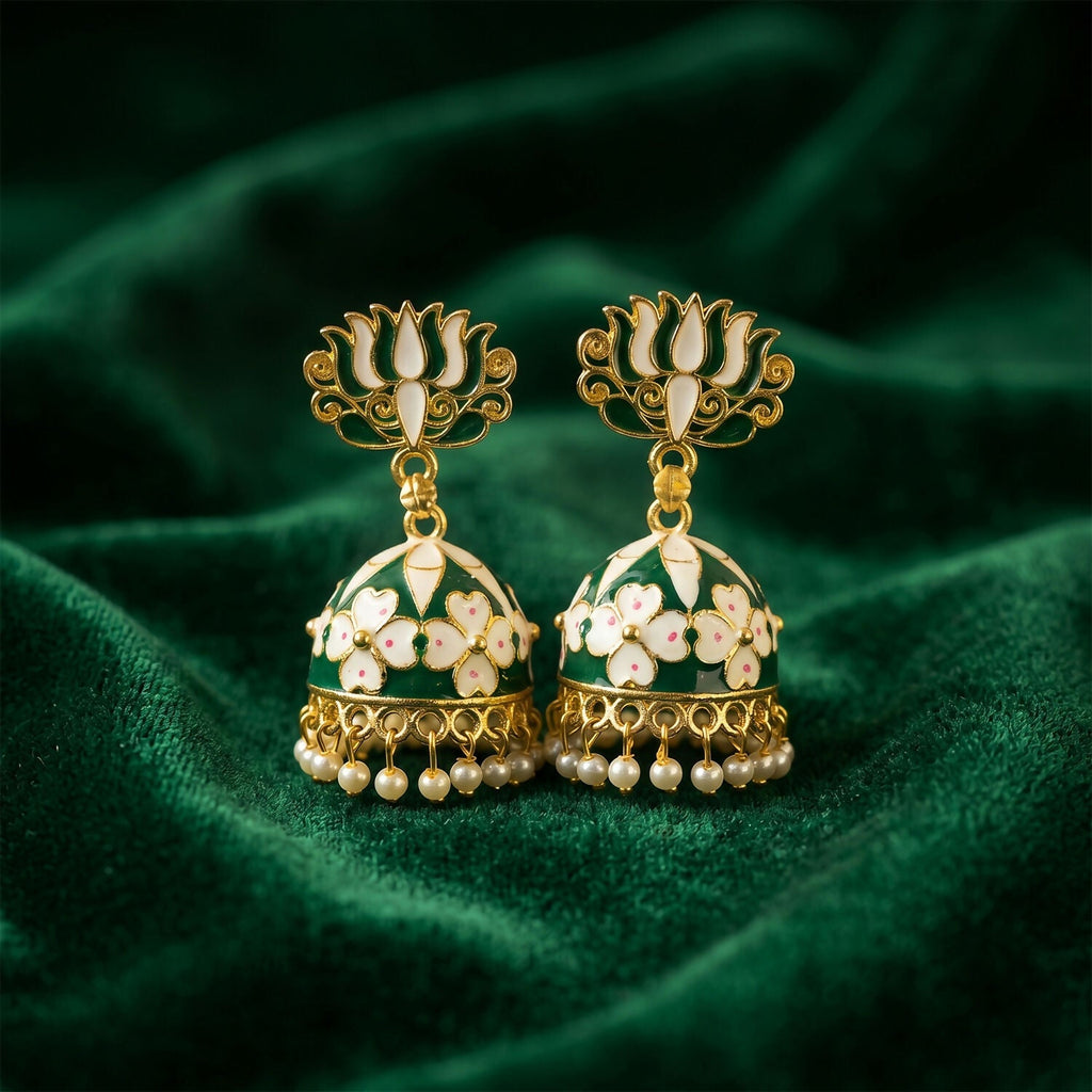 Green Lotus Jhumka Earrings – Elegant Pearl Detail for Women