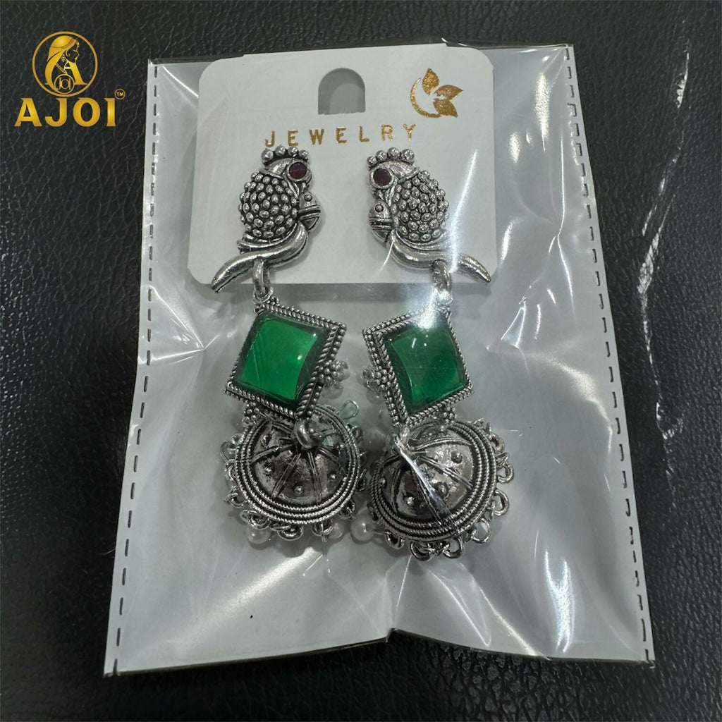 Green Stone Jhumka Earrings – Oxidised Silver Parrot Design