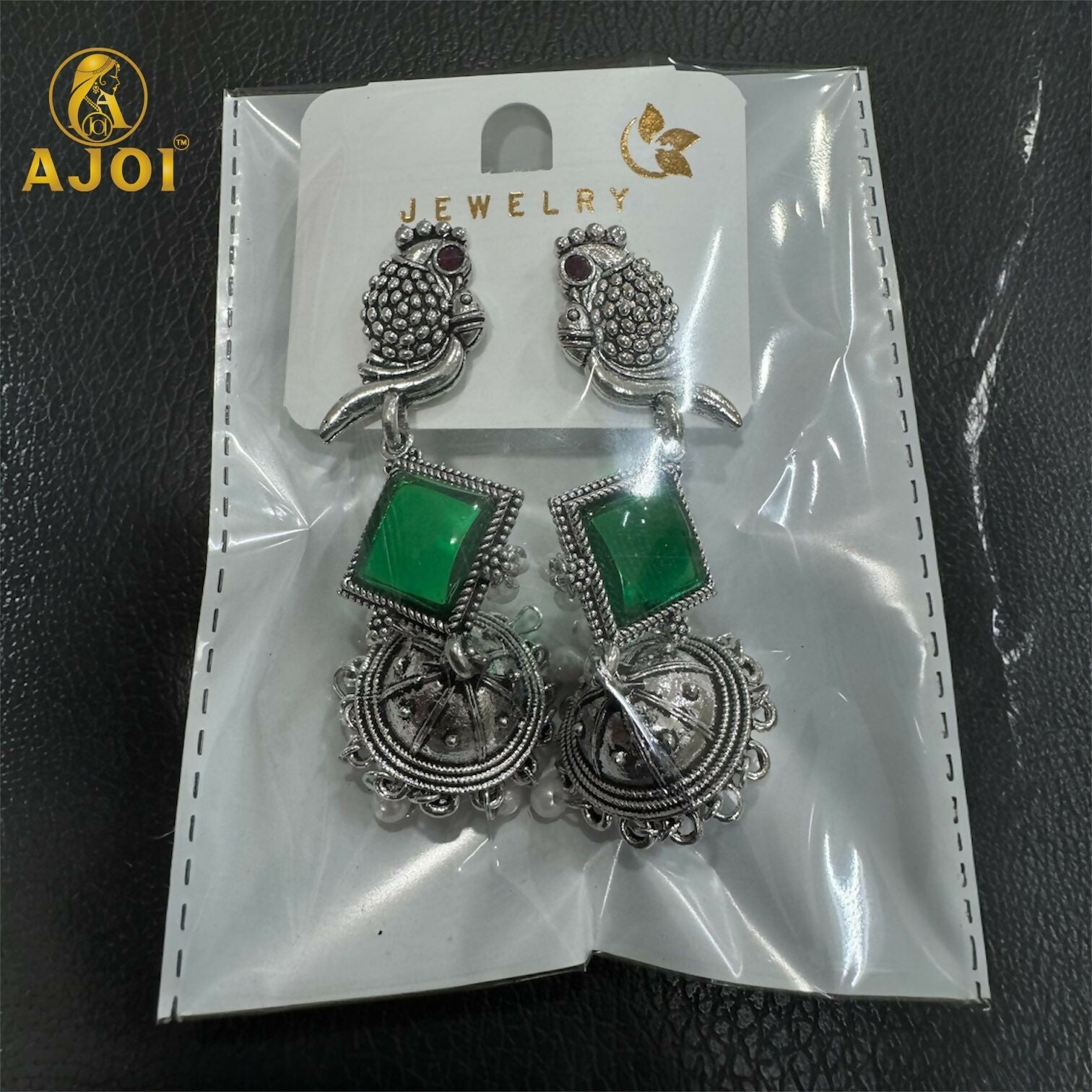 Green Stone Jhumka Earrings – Oxidised Silver Parrot Design