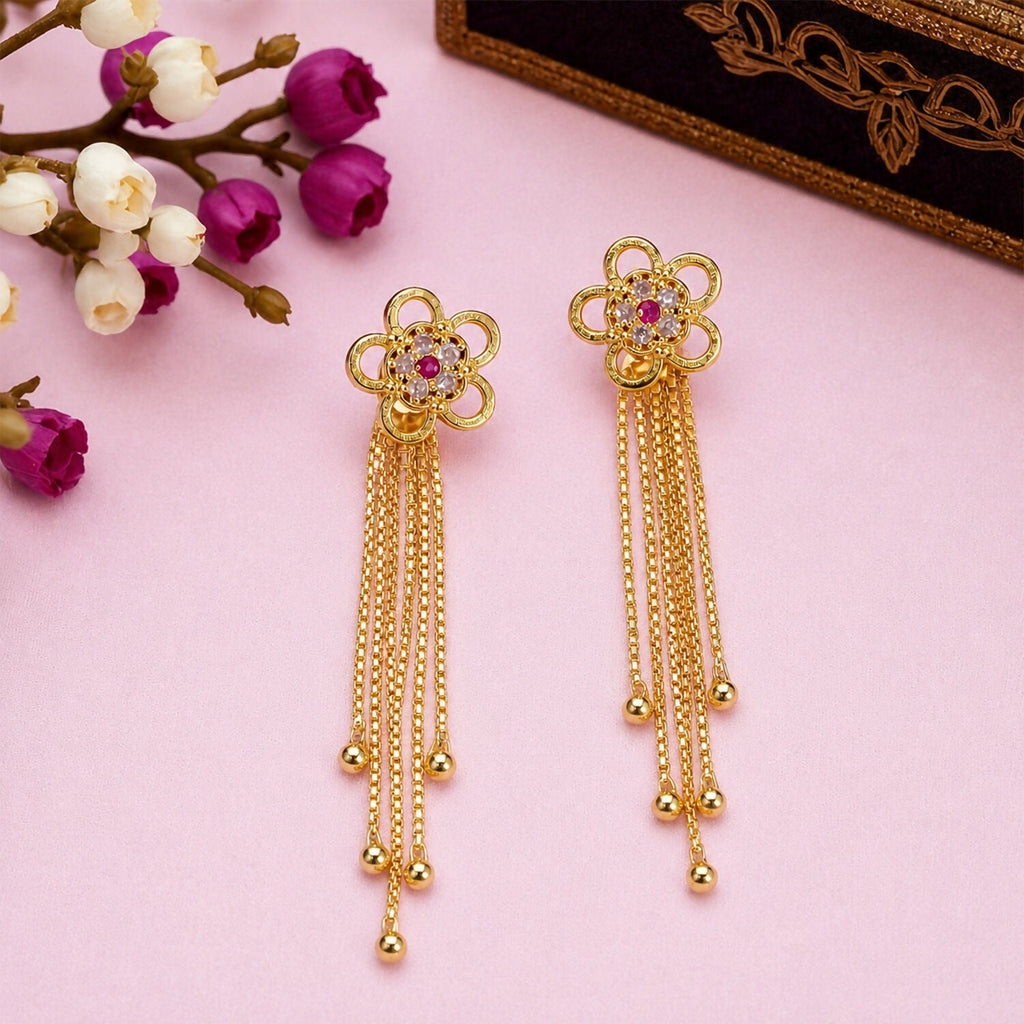 Gold Flower Dangle Earrings – Ruby Gemstone Tassel Design for Women