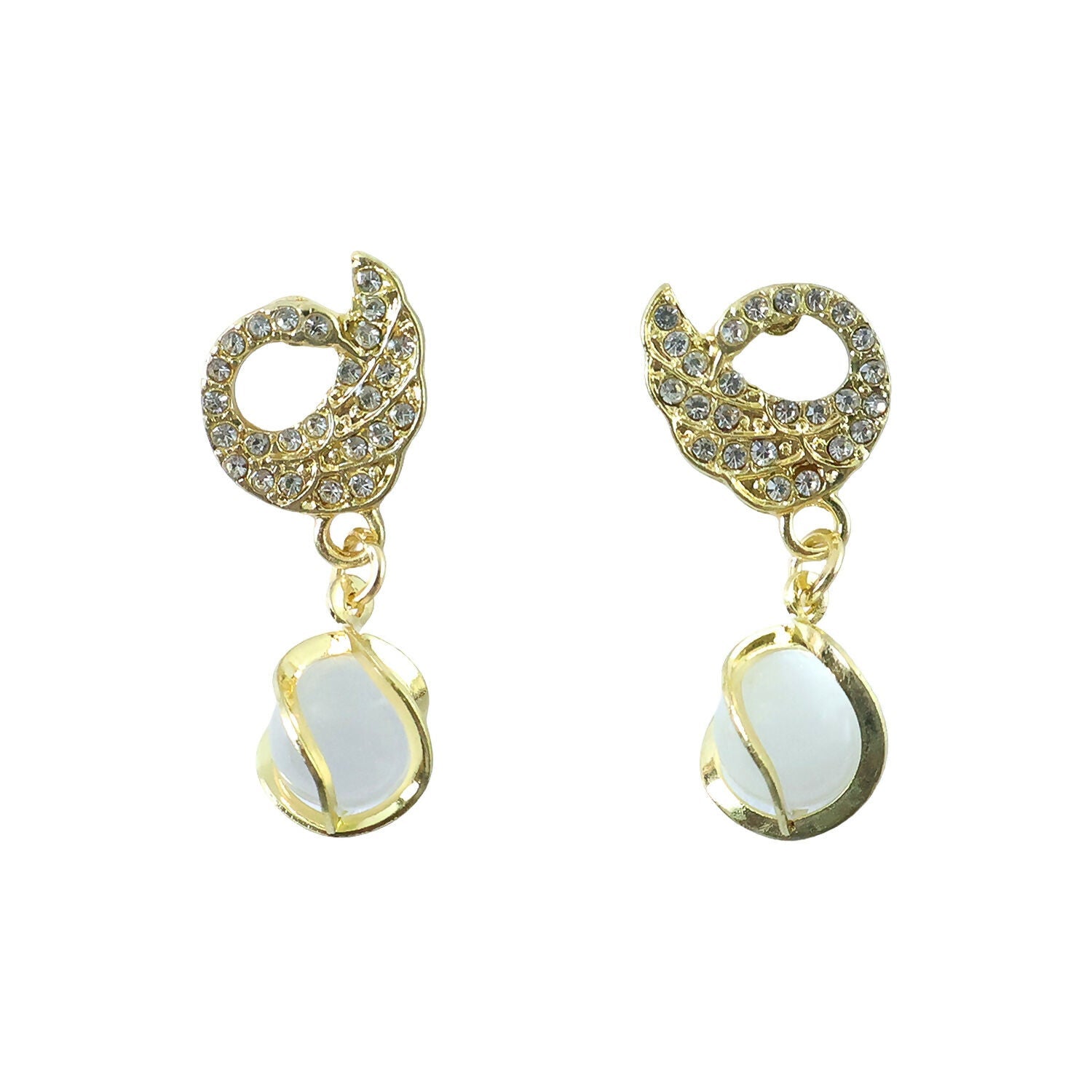 Swan Earrings – Crystal Encrusted with Pearly Cat-Eye Drop