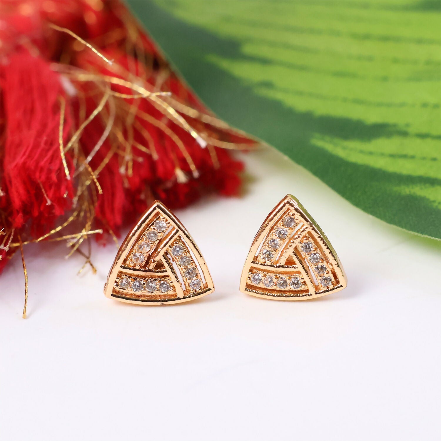 Triangle CZ Stud Earrings Gold Finish – Elegant Daily Wear