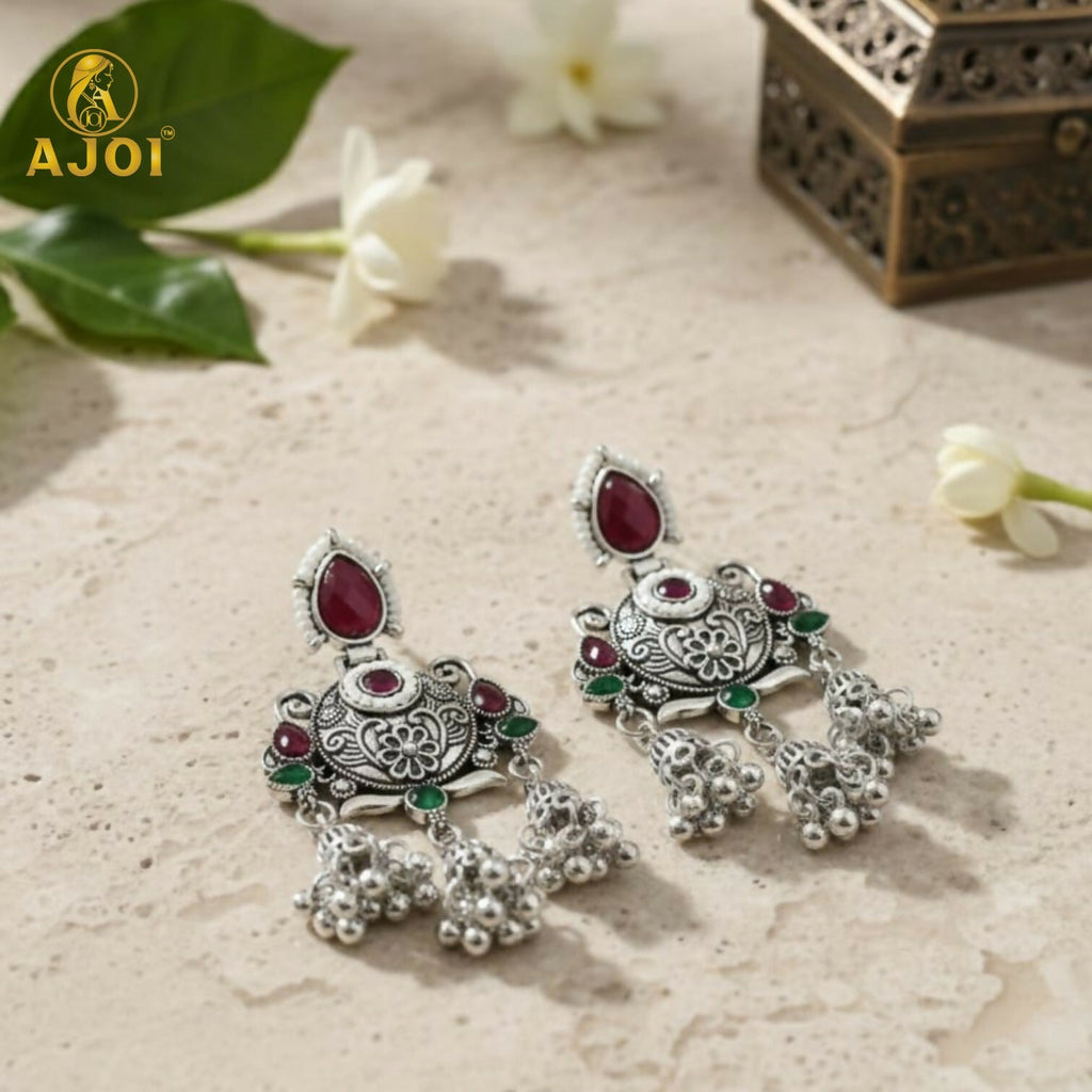 Ruby Chandbali Earrings – Ethnic Designer Jhumka with Pearls