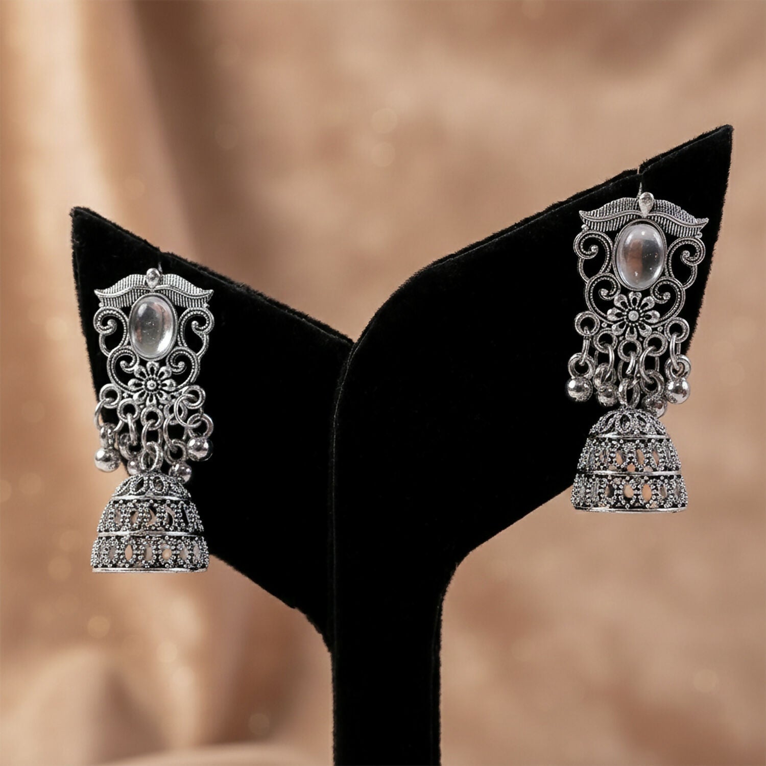 German Silver Jhumka Earrings – Traditional Oxidized Finish with Monalisa Stones