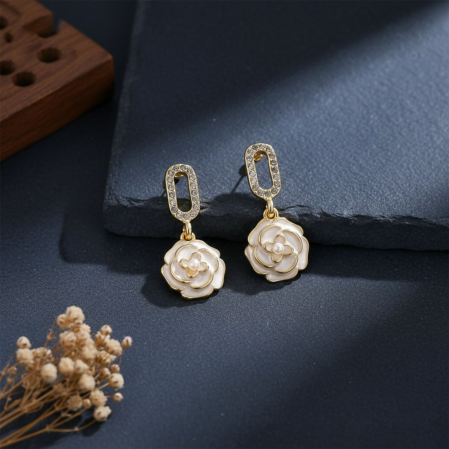 Gold Plated Flower Drop Earrings – Korean Style Elegant Design