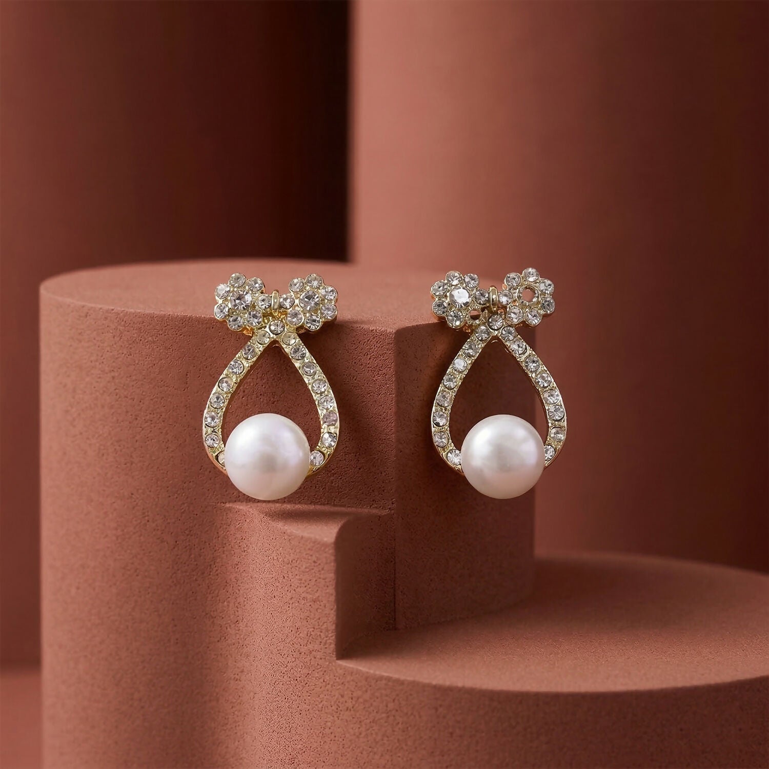 Pearl Drop Stud Earrings – Korean Crystal Bow Design for Women