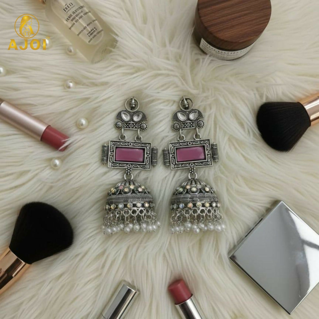 Oxidized Silver Jhumka Earrings – Royal Blush Pink Stone Design