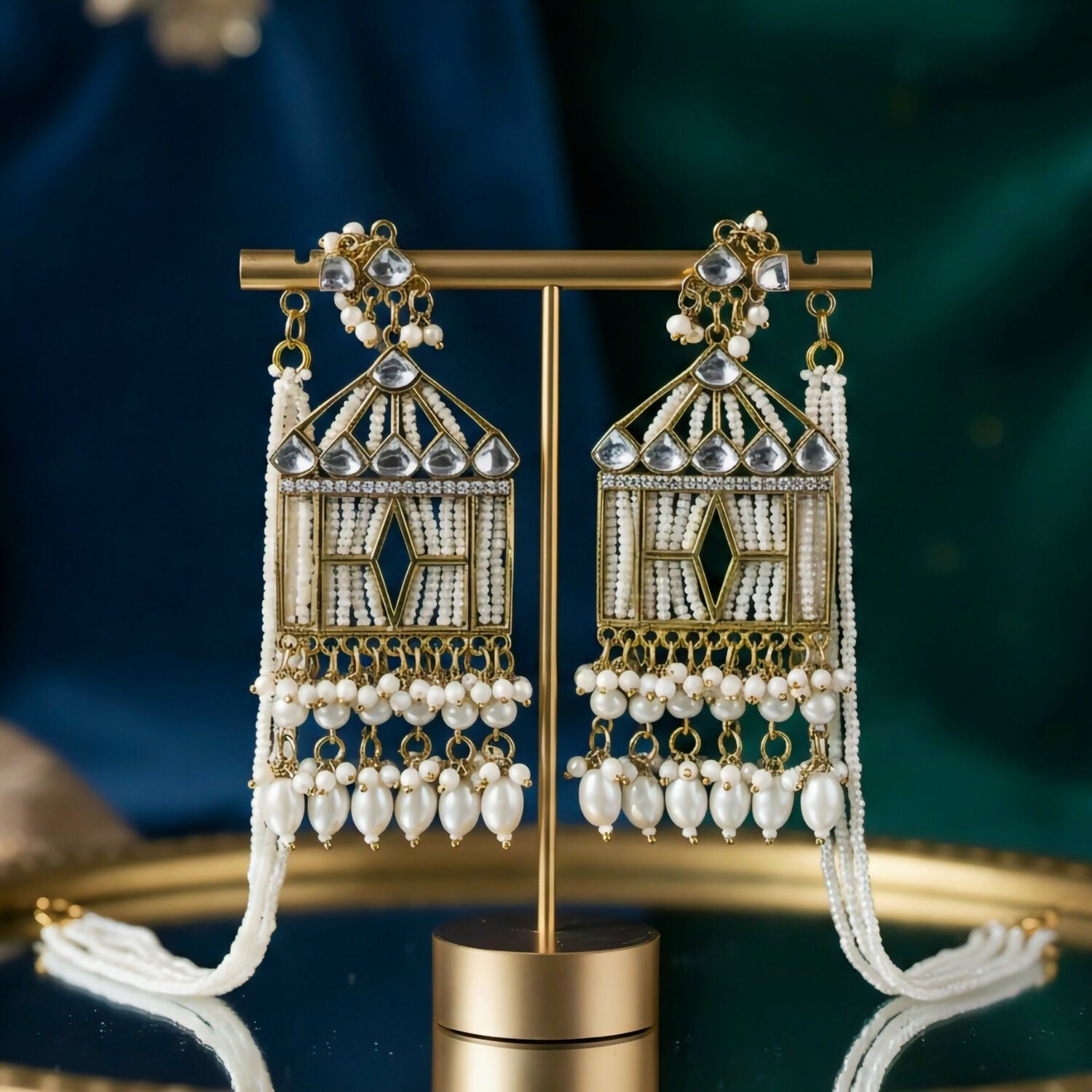 Kundan Pearl Earrings – Birdcage Statement with Ear Chains