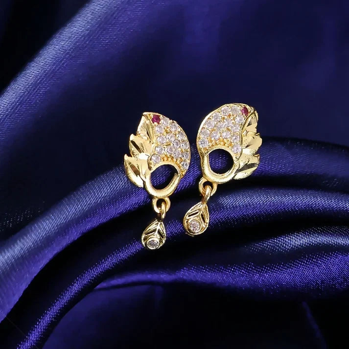 Gold Finish Leaf Pattern Stud Earrings – Elegant Sparkling Stone Drop