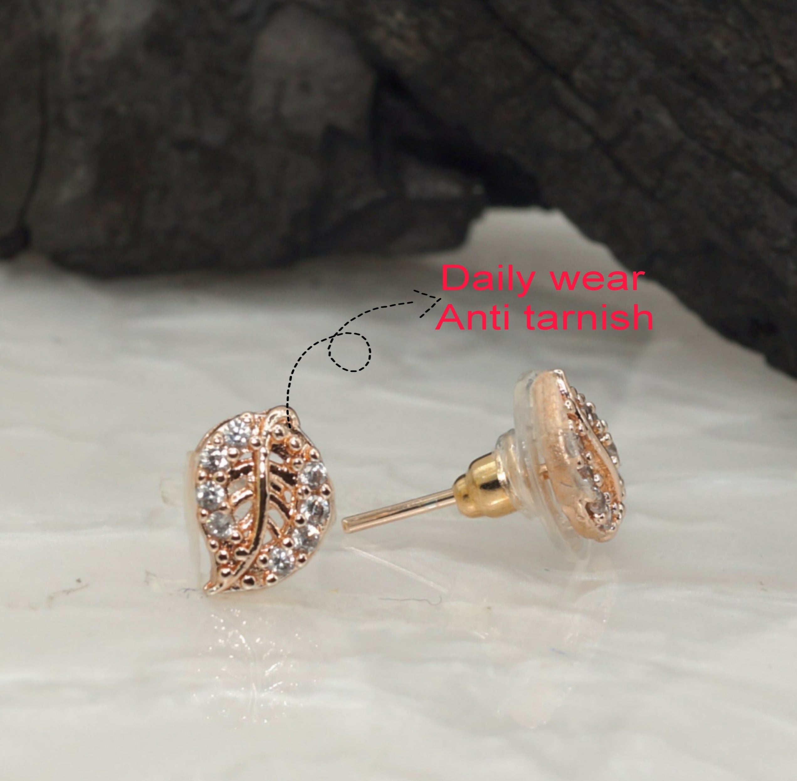 Rose Gold Leaf Stud Earrings – Elegant Sparkle for Women