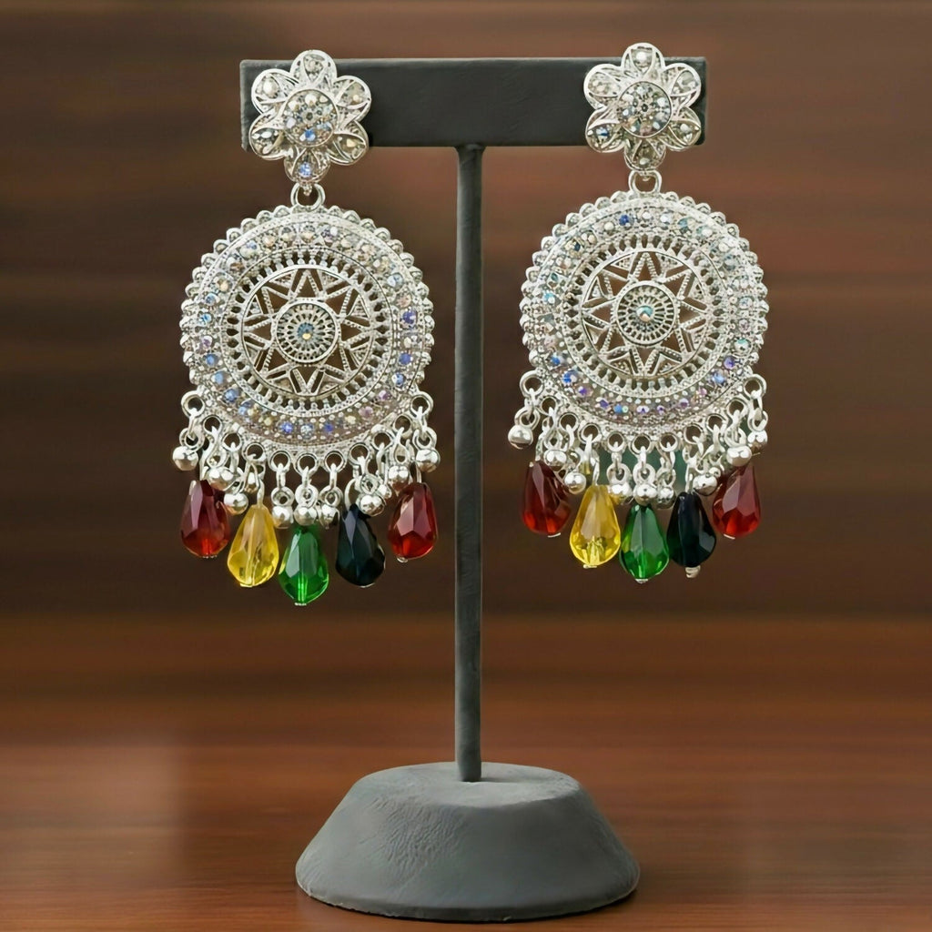 Oxidized Silver Mandala Drop Earrings with Multi-Color Crystals
