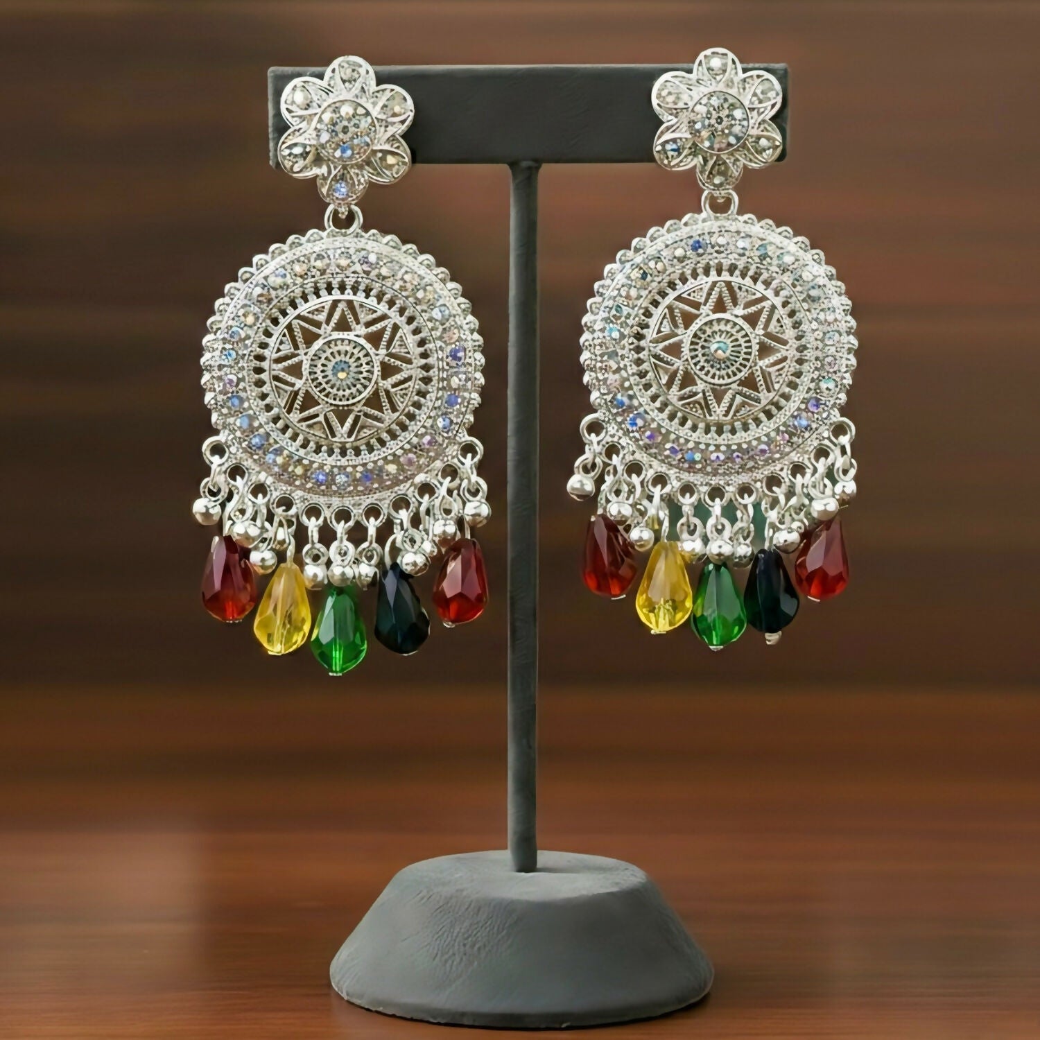 Oxidized Silver Mandala Drop Earrings with Multi-Color Crystals