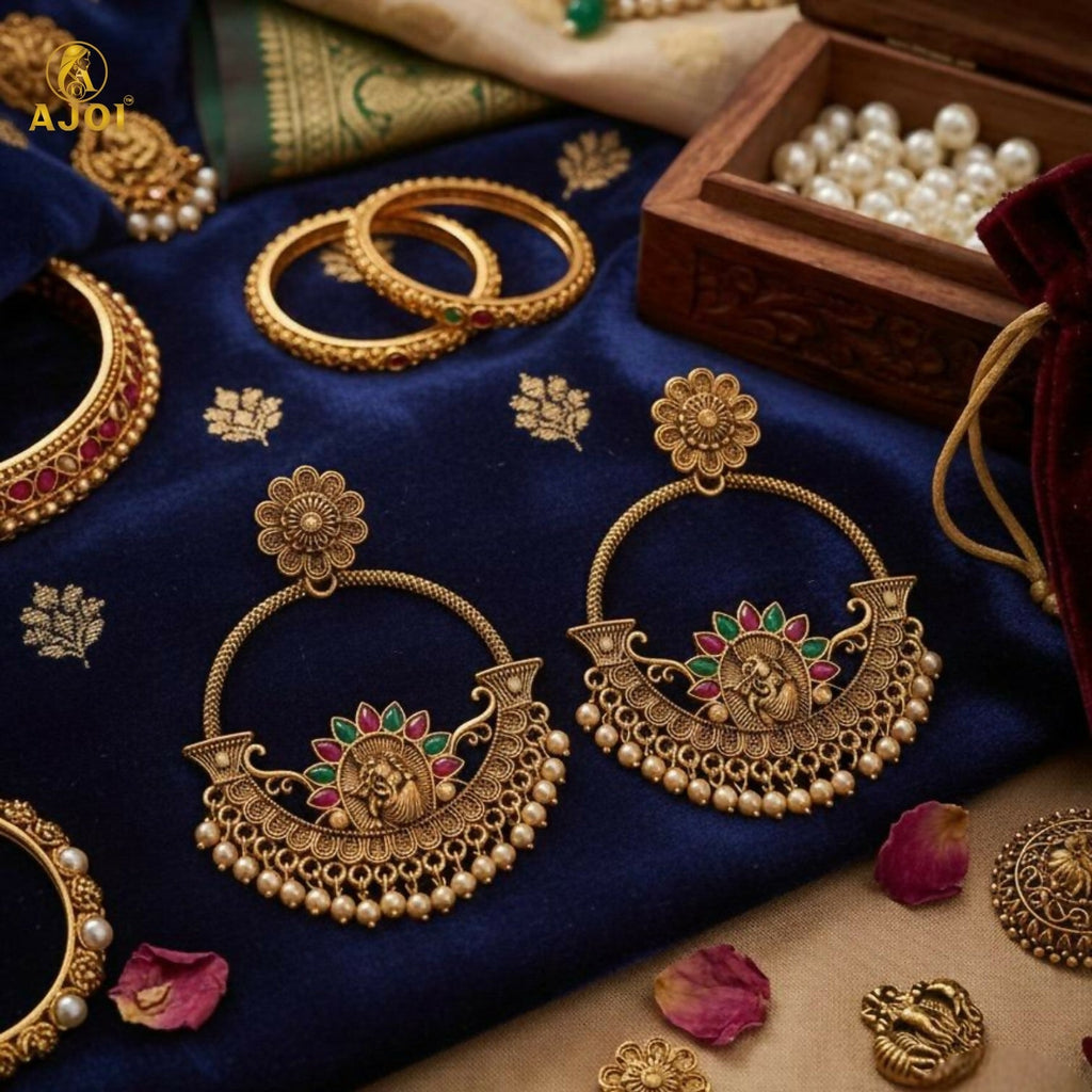 Temple Chandbali Earrings – Radha Krishna Goddess Motif