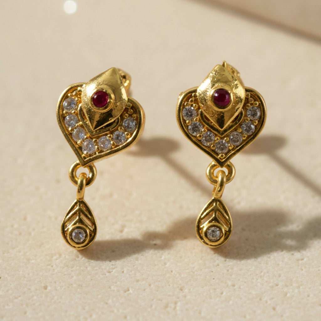 Gold Heart Drop Earrings with Ruby & Crystal Accents – Elegant Design