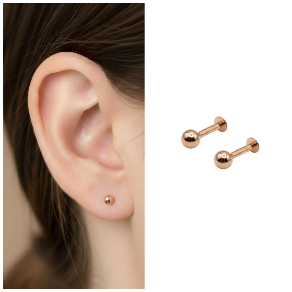 Rose Gold Labret Stud Earrings – Comfortable Flat Back Combo Pack