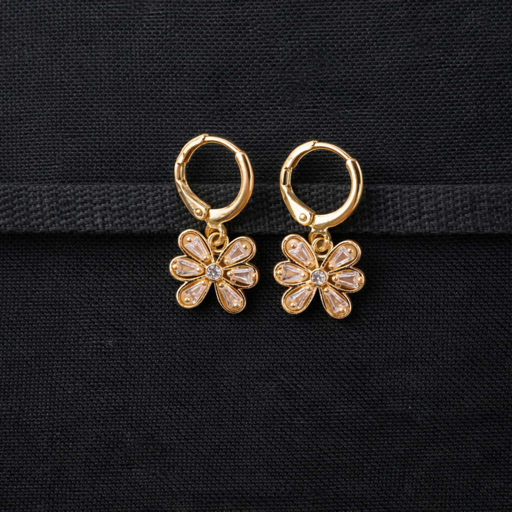 Gold-Tone Floral Hoop Earrings – Elegant Crystal Drop Design