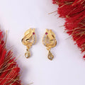 Gold Leaf Style Stud Earrings with Crystal Detailing and Drop Charm