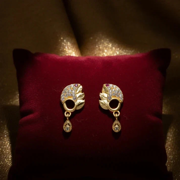 Gold Finish Leaf Pattern Stud Earrings – Elegant Sparkling Stone Drop