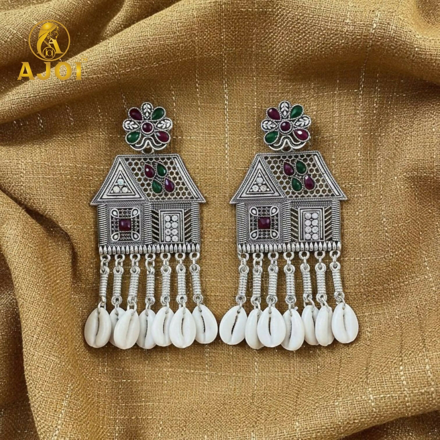 Oxidized Silver House Earrings – Multicolor Stones & Shell Danglers