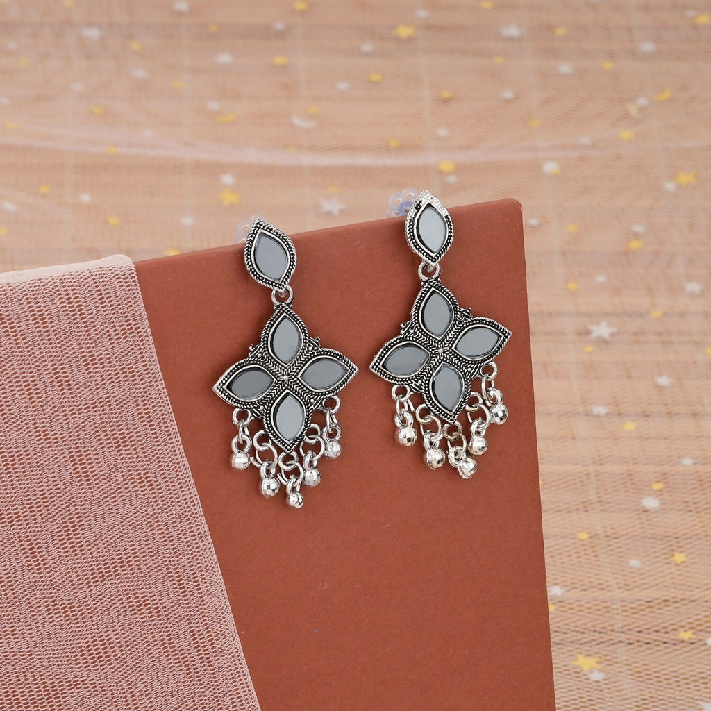 Oxidised Jhumka Earrings – Silver Mirror & White Stones