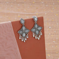 Oxidised Jhumka Earrings – Silver Mirror & White Stones