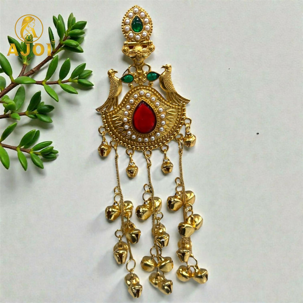 Kashmiri Heritage Gold Dangler Earrings with Red Teardrop Stone