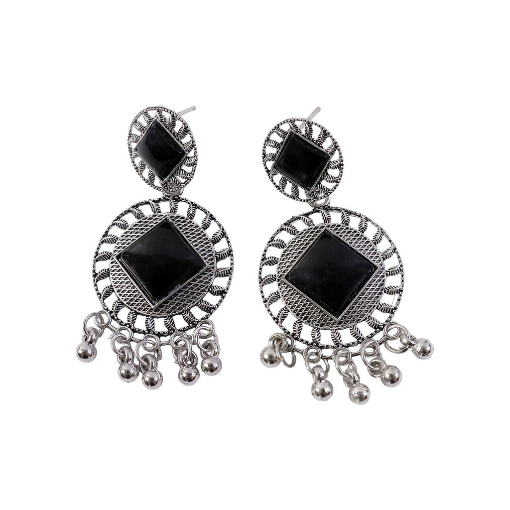 Oxidized Silver Earrings – Vintage Charm Black Stone Design