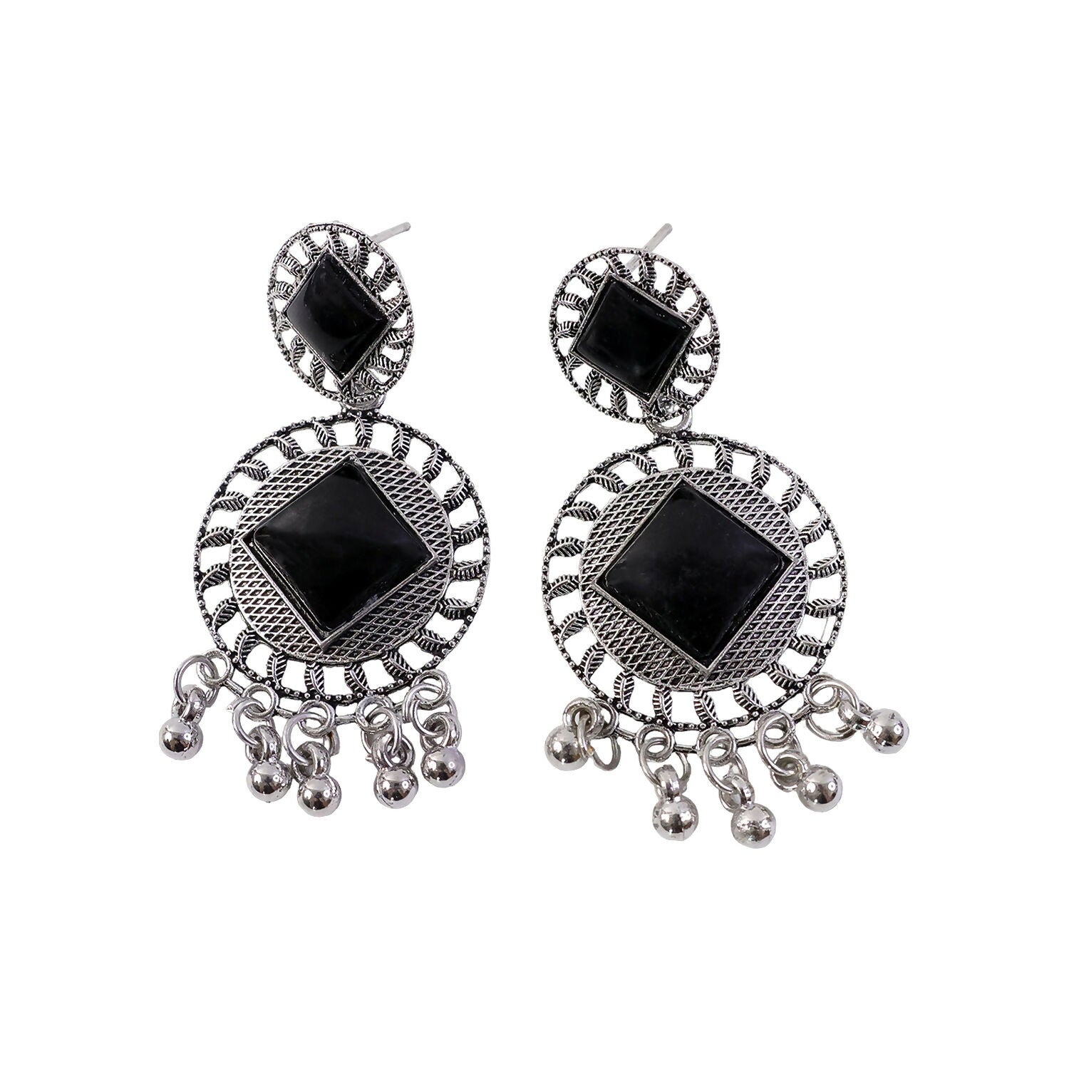 Oxidized Silver Earrings – Vintage Charm Black Stone Design