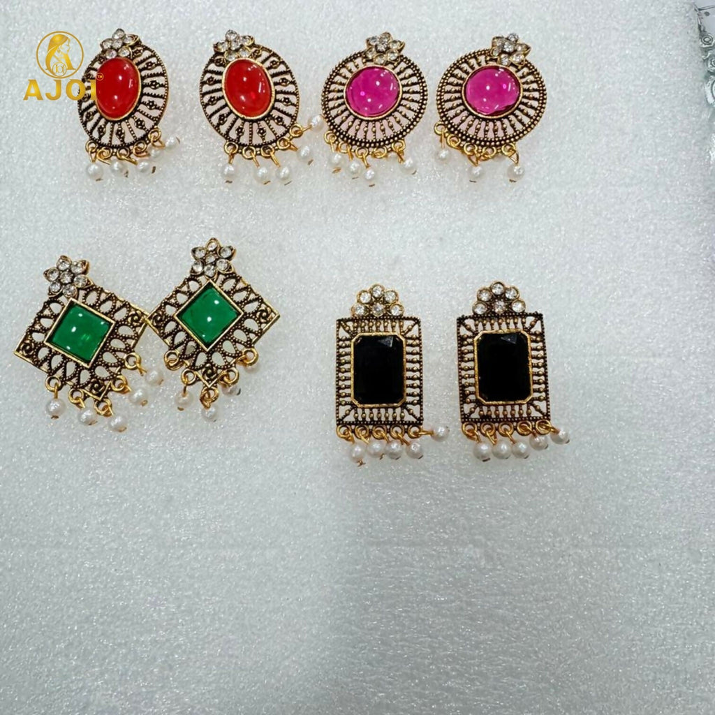 Antique Stone & Pearl Drop Earrings Combo – 4 Designer Pairs