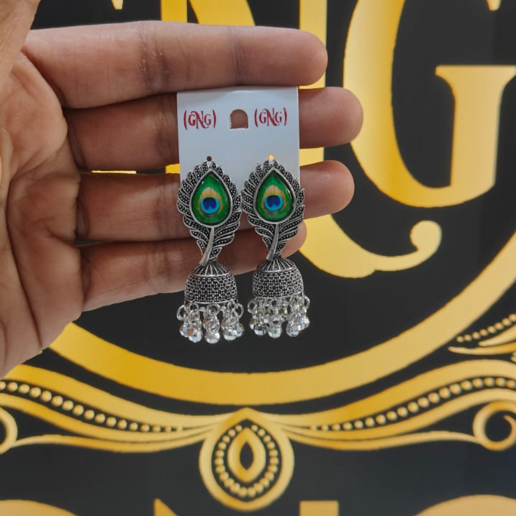 Oxidised Silver Jhumka Earrings – Elegant Peacock Feather Design
