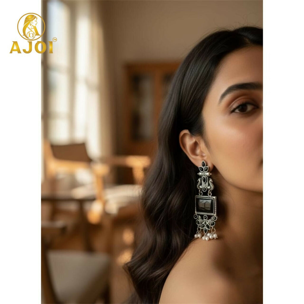 Antique Black Square Stone Oxidised Silver Earrings – Ethnic Pearl Drops