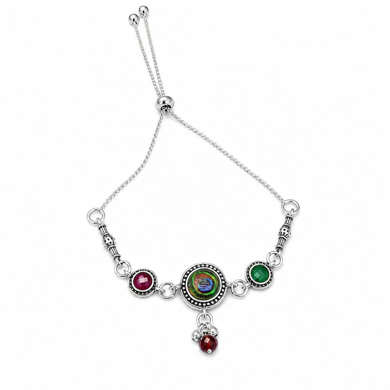 Antique Silver Adjustable Bracelet featuring Peacock Eye Cabochon, Maroon & Green Side Stones, & Bead Dangles