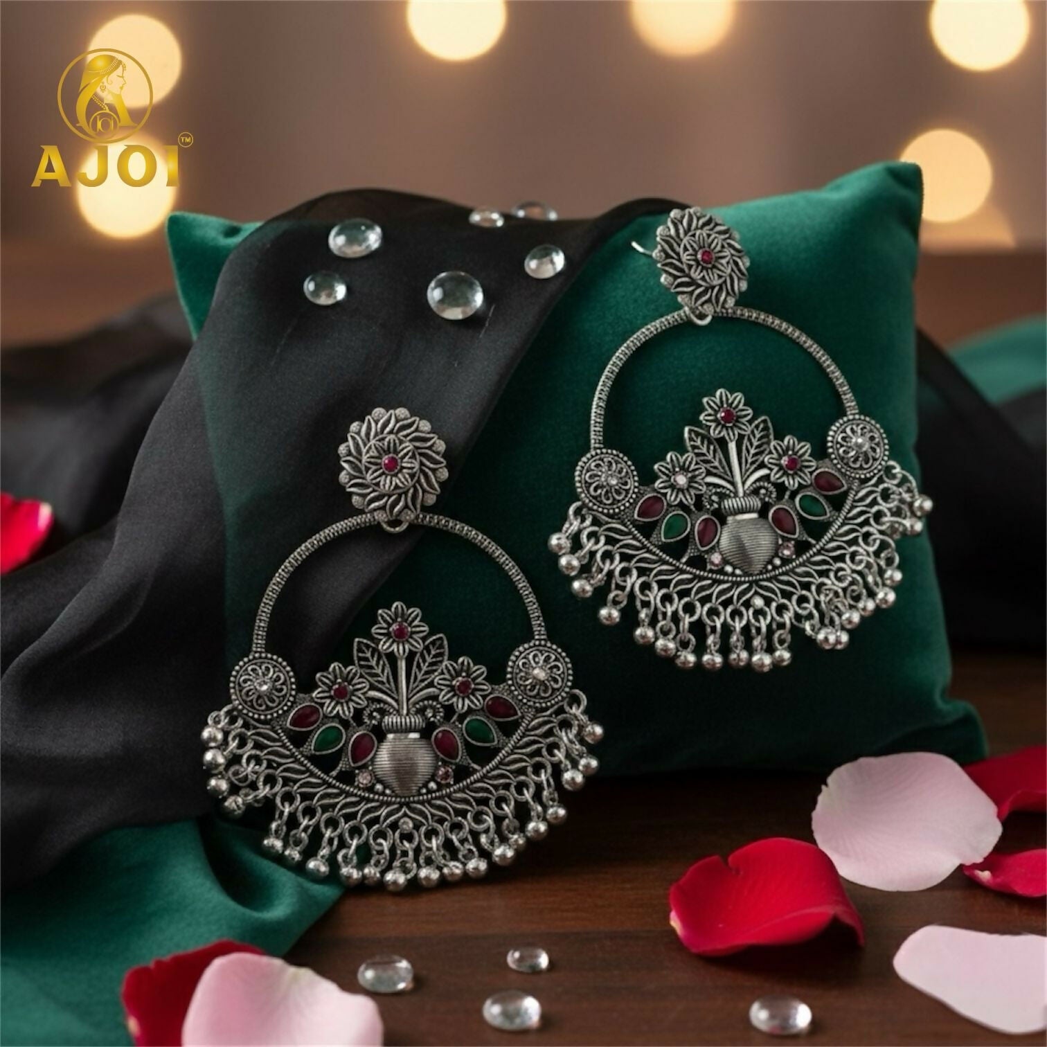 Oxidised Silver Chandbali Earrings – Floral Design with Color Stones