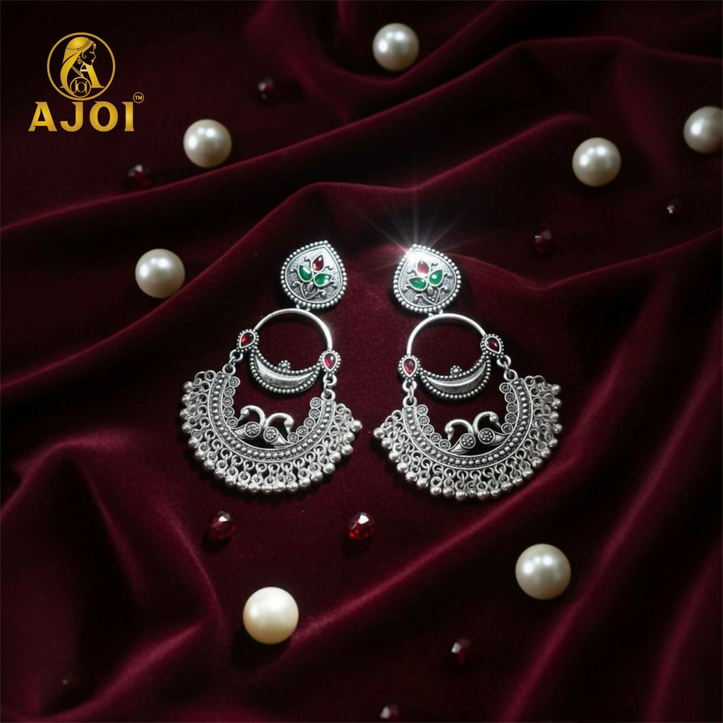 Oxidised Silver Peacock Chandbali Earrings – Vintage Ethnic Charm
