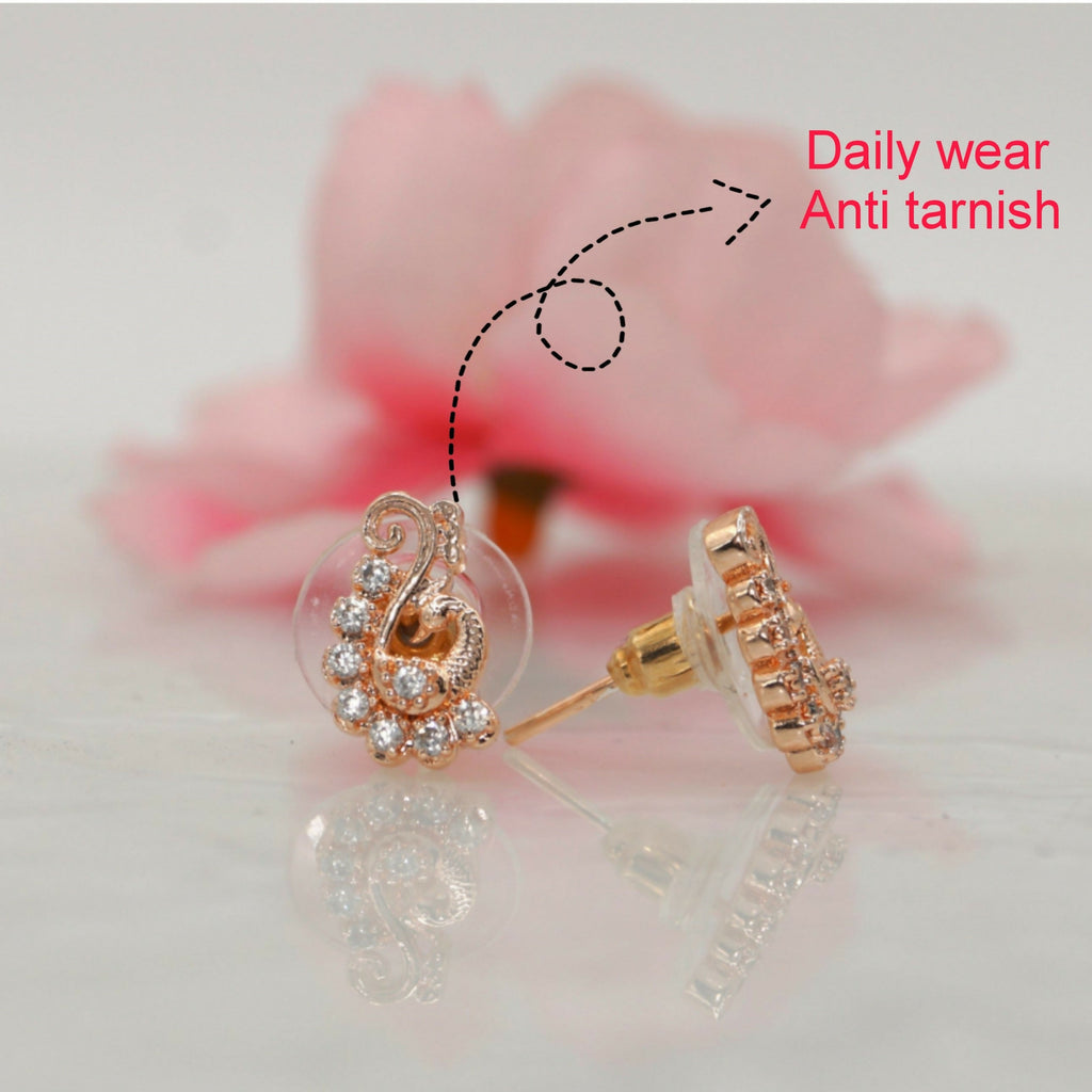 Rose Gold-Plated Peacock Stud Earrings – Elegant Sparkle for Women