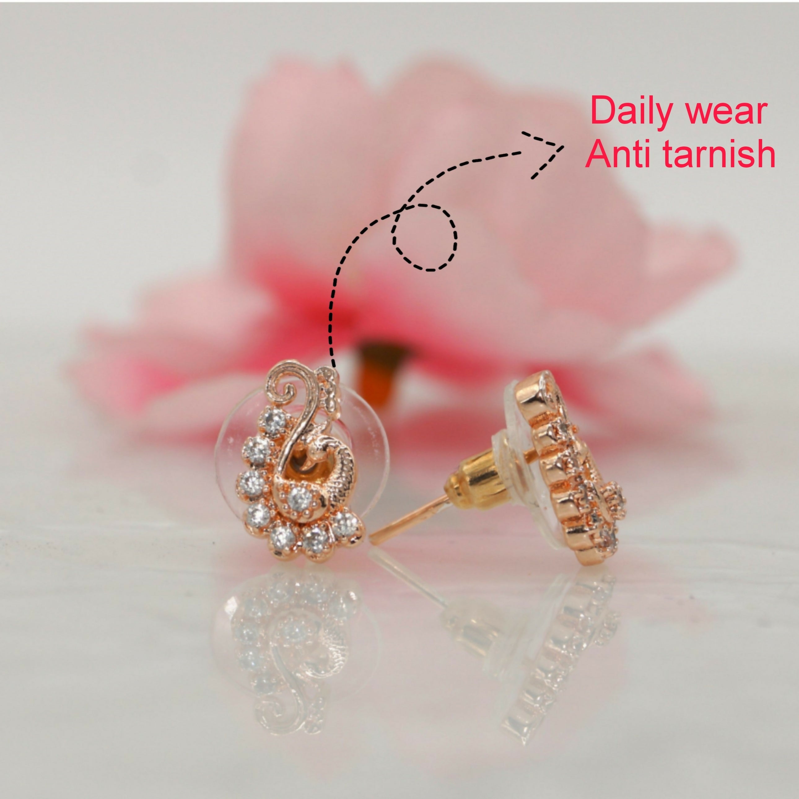 Rose Gold-Plated Peacock Stud Earrings – Elegant Sparkle for Women